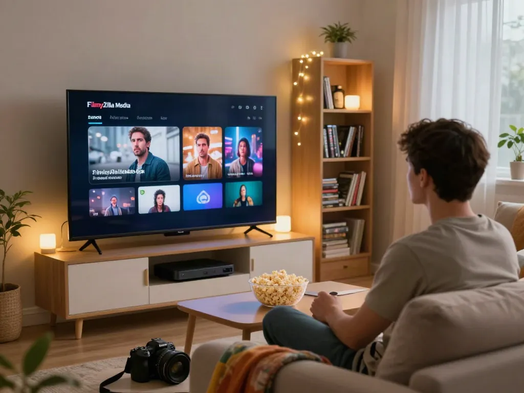 Young man streaming FilmyZilla Media content on TV with popcorn.