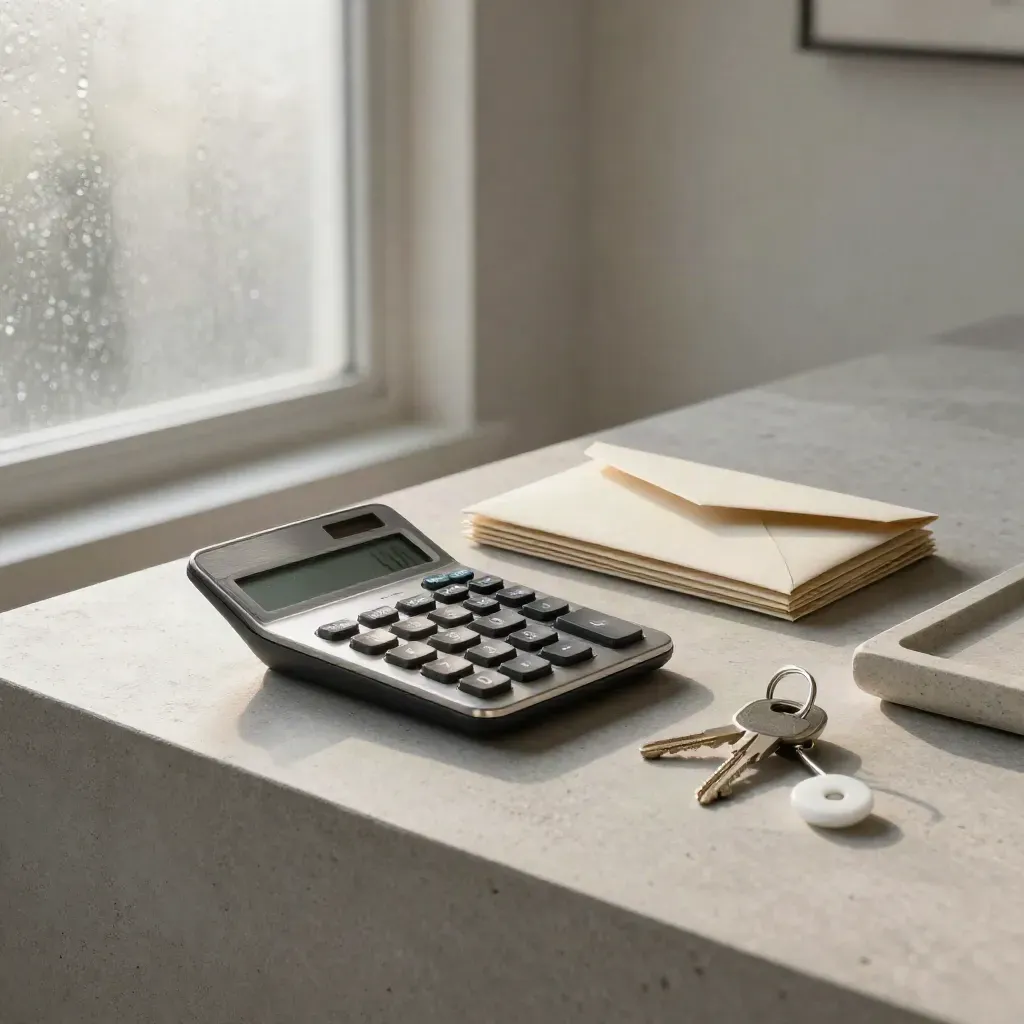 Dawn-lit finance vignette with calculator, keys, wallet, and envelopes on a stone tray
