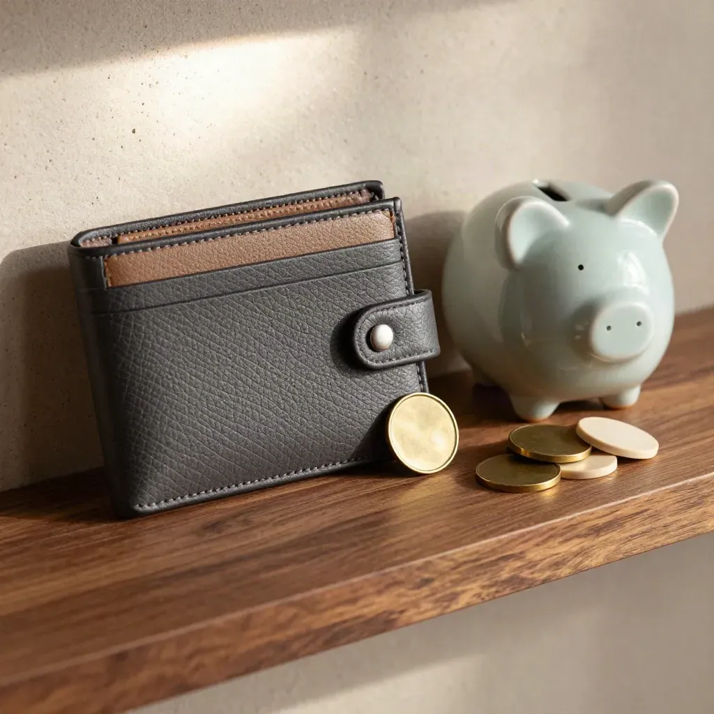 Leather starter wallet, ceramic savings jar and blank milestone tokens on walnut