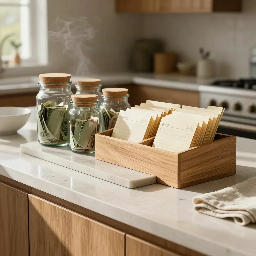 Kitchen counter money station with pantry jars, stone tray and envelope sorter in morning light.