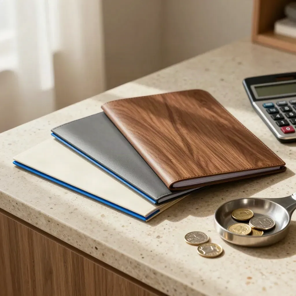Three finance folders, calculator, and coin tray on a sunlit travertine counter.