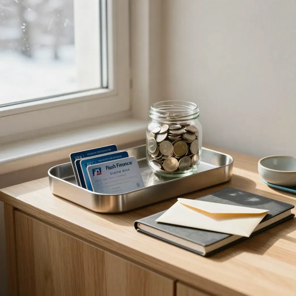 Starter card tray, savings jar, closed notebook and envelope by a frost-lit window.