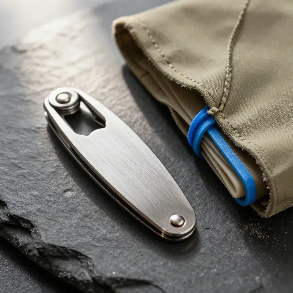 Letter opener, application sleeve, and rubber bands on slate stone in raking light.