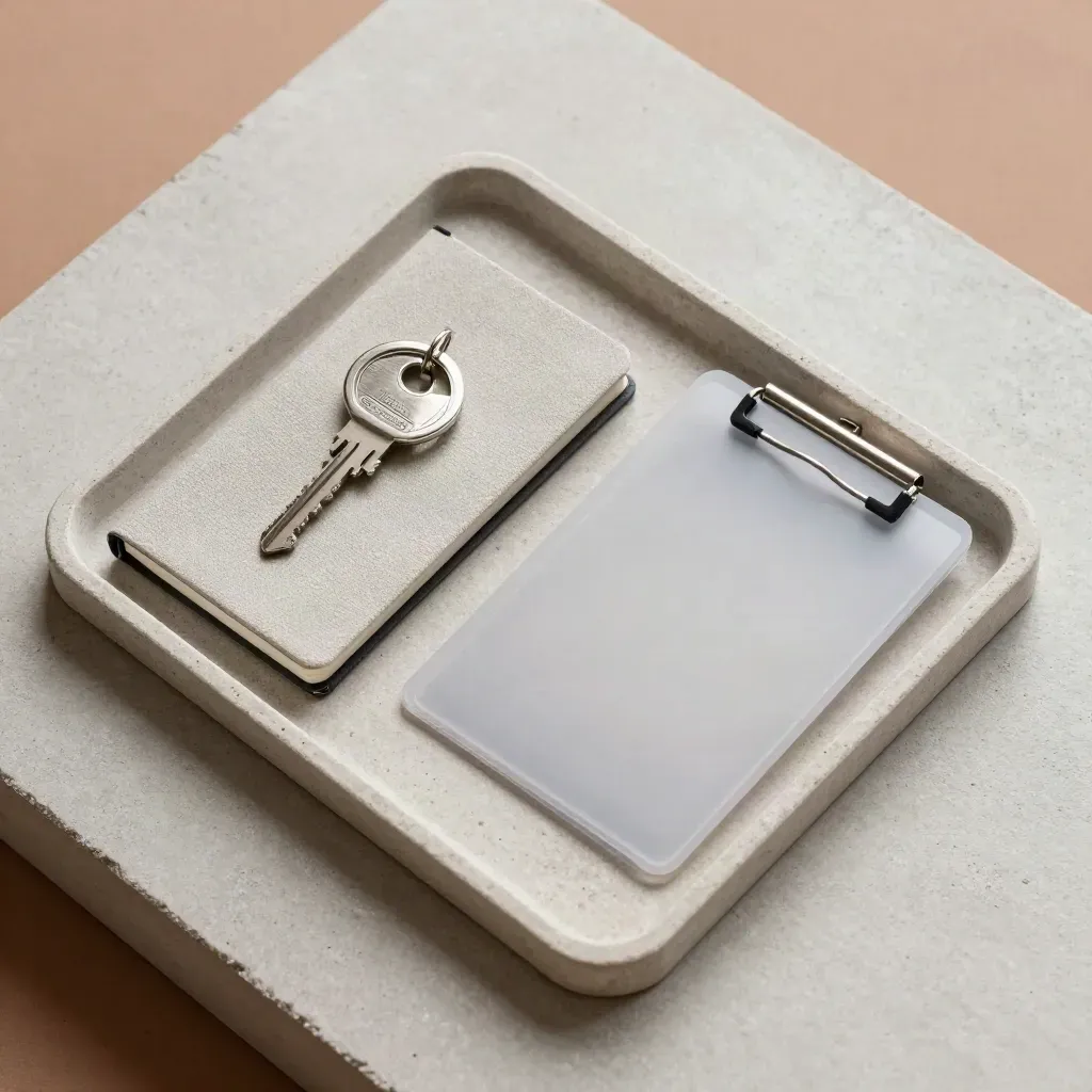 Top-down finance intake tray with key ring, notebook and card sleeve on pale concrete