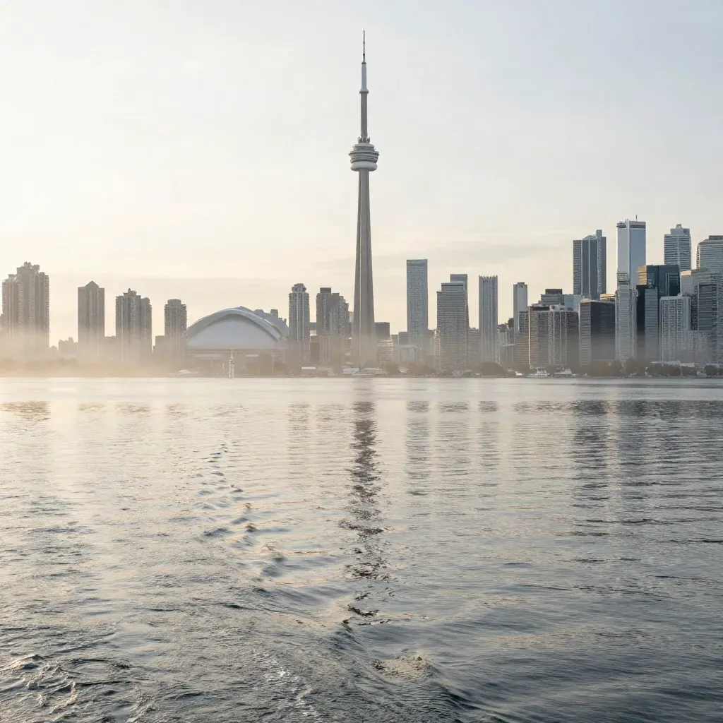 Toronto skyline with CN Tower above calm Lake Ontario and morning mist