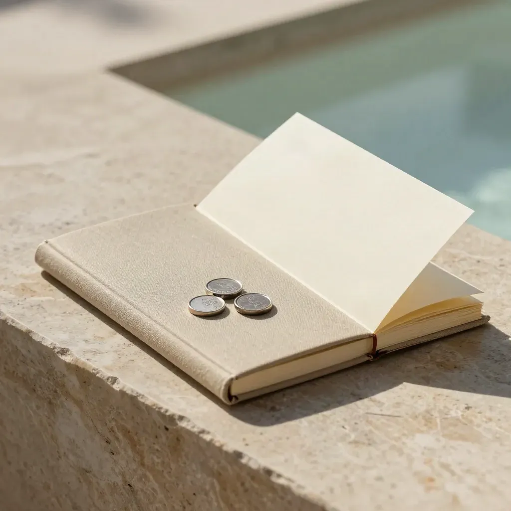 Ledger notebook, budget tokens and folded folio on pale stone in soft side light