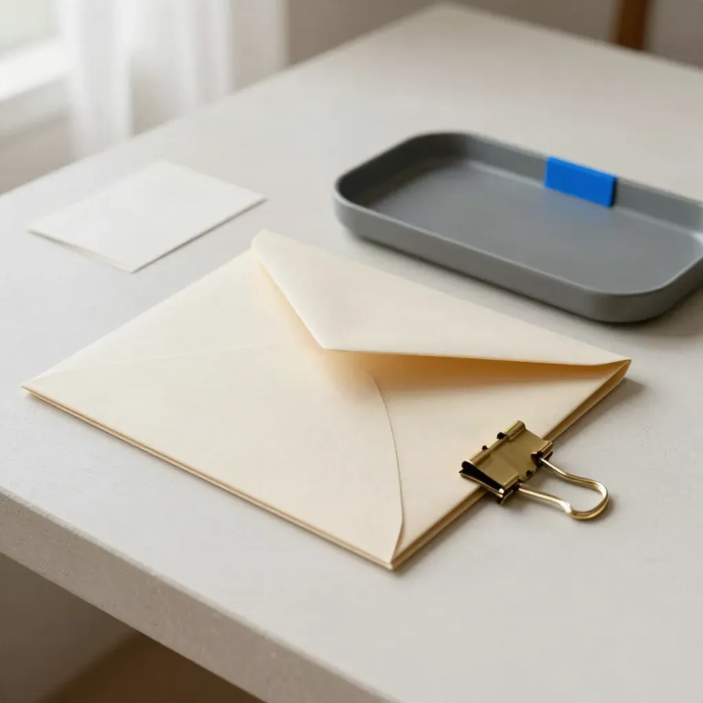 Document sleeve, brass file clip and opener beside a secure tray on plaster, softly lit