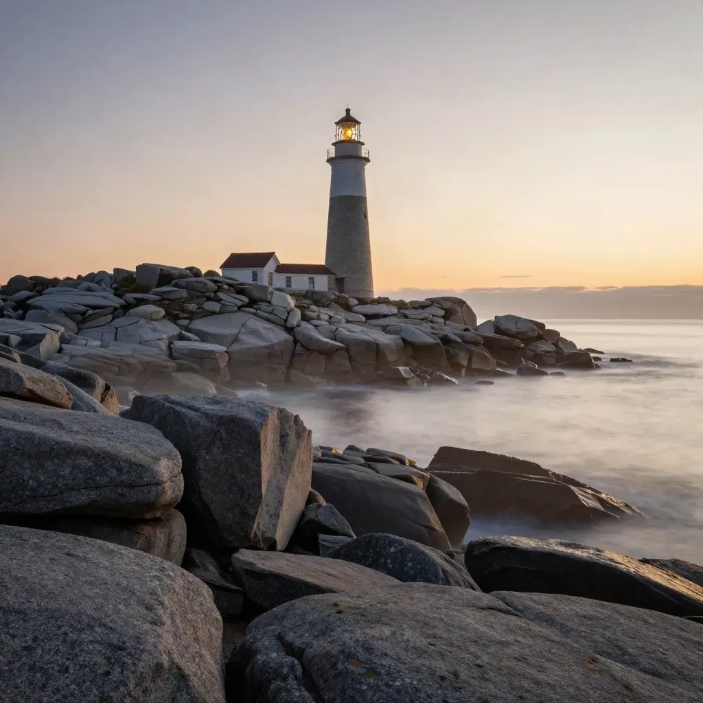 Peggy’s Cove lighthouse on a misty granite headland at sunset above calm Atlantic surf